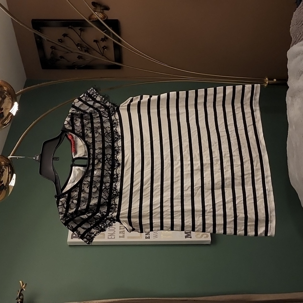 Elle women's black and white striped top with lace detail Medium